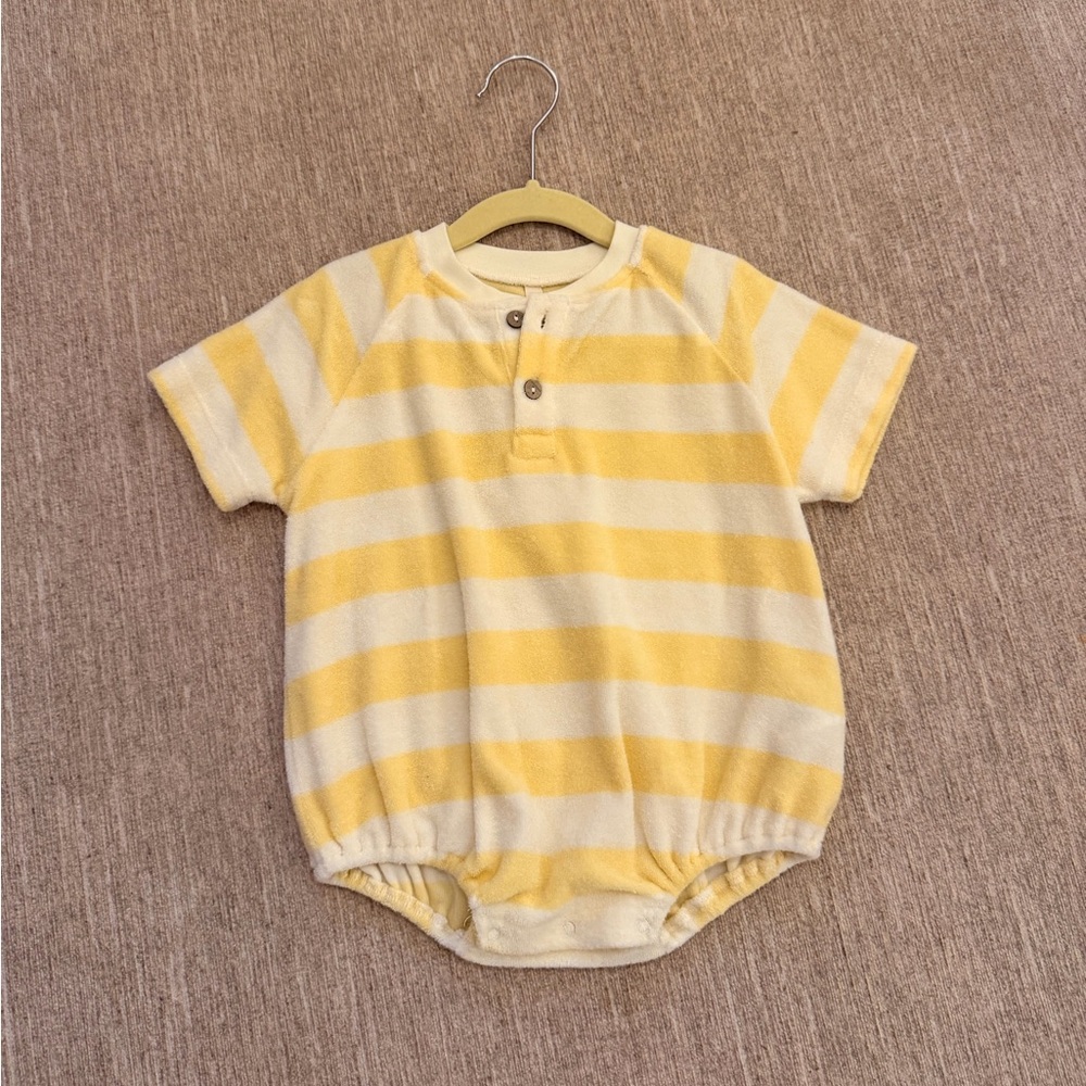 Quincy Mae Yellow Stripe Terry Henley Romper